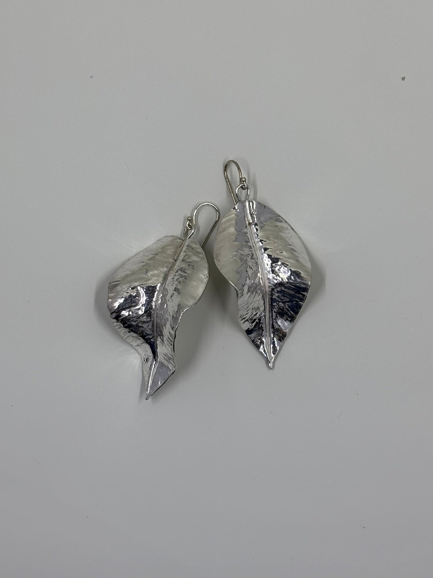 Small Leaf Fold Form Earrings, Fine Silver
