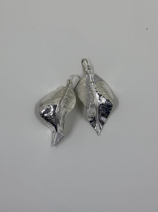 Small Leaf Fold Form Earrings, Fine Silver